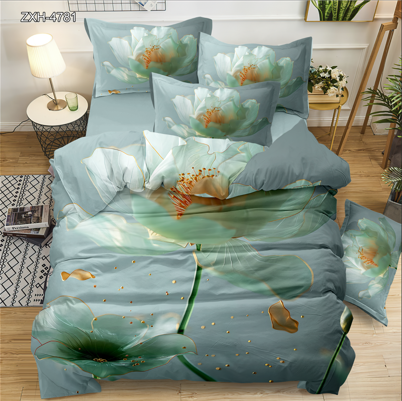 5D Digital Printed Bed Sheet Set Floral Golden Peony Butterfly Elegant Design