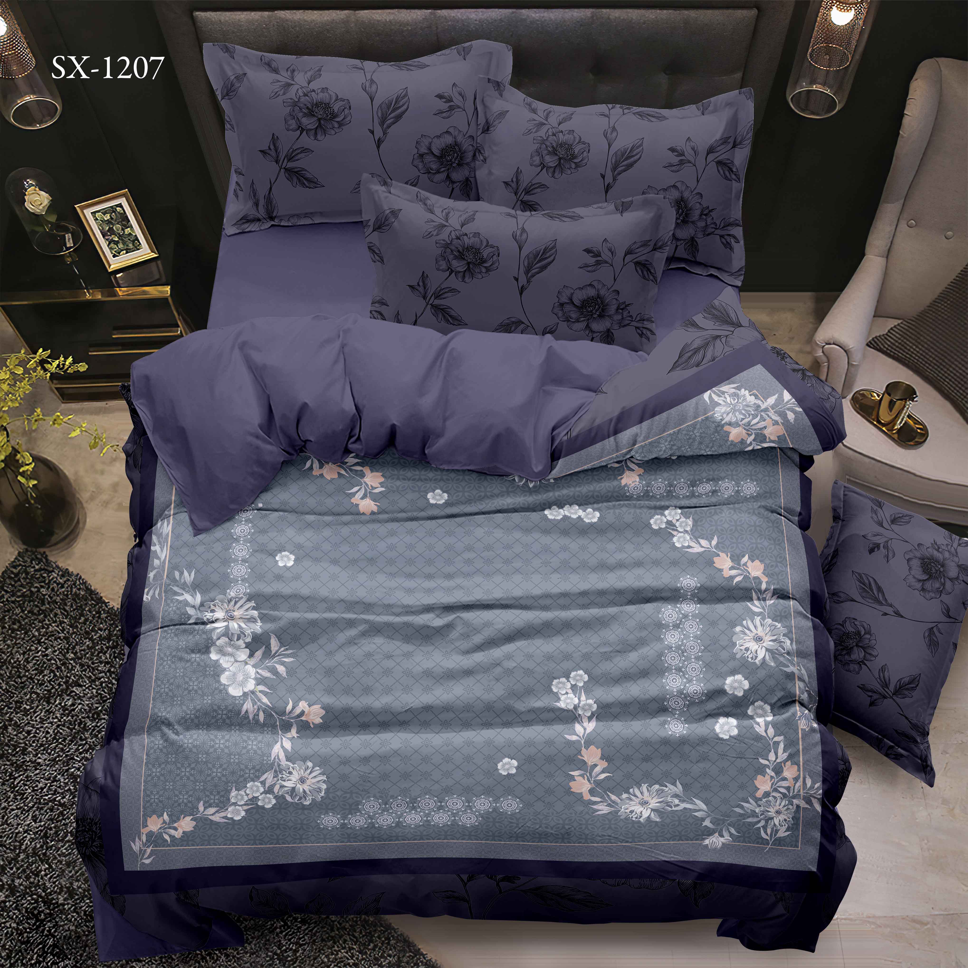 5D Digital Printed Bed Sheet Set with Floral Border and Geometric Pattern Design