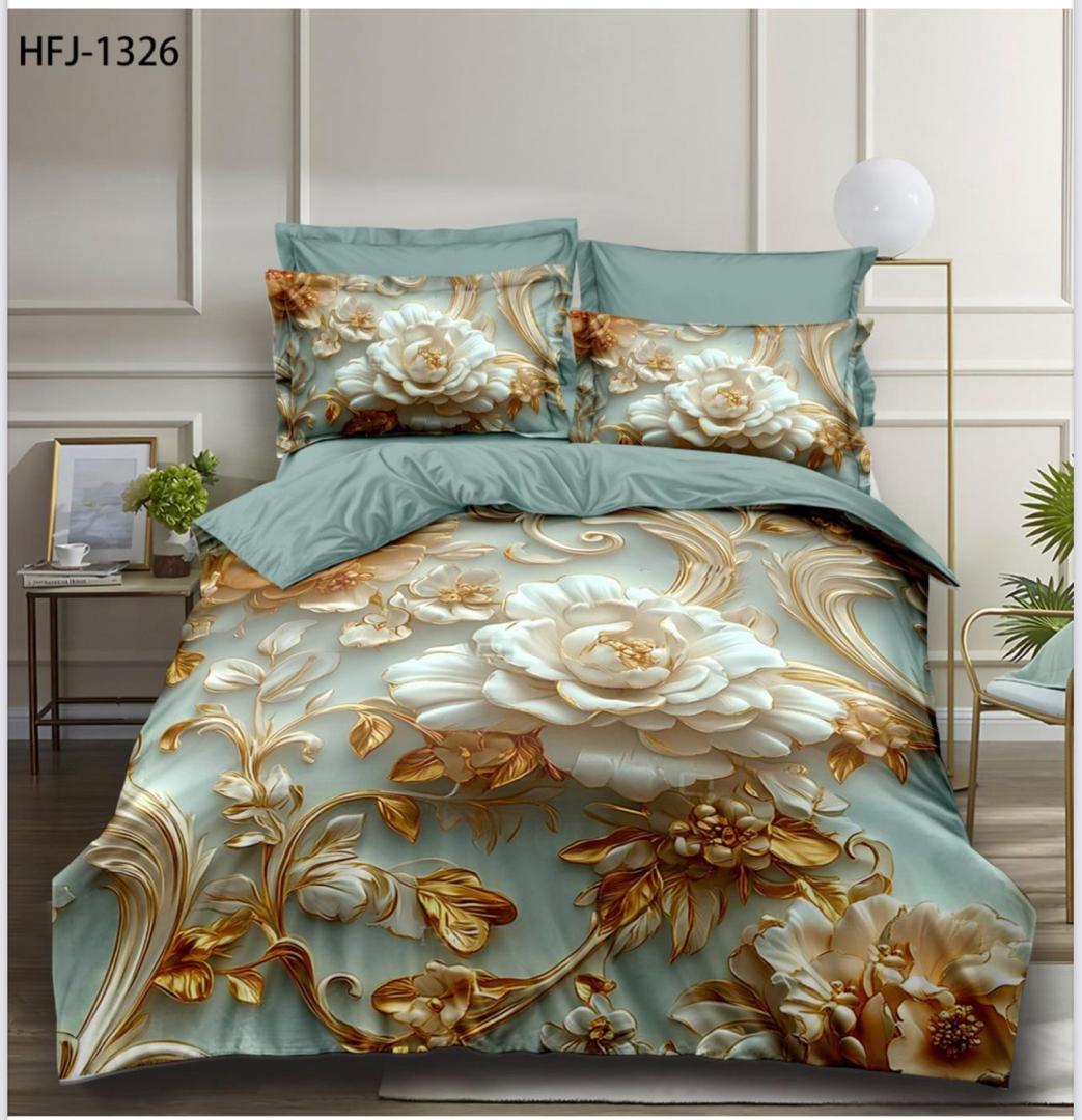 5D Digital Printed Bed Sheet Set Floral with Elegant Golden Peony Design