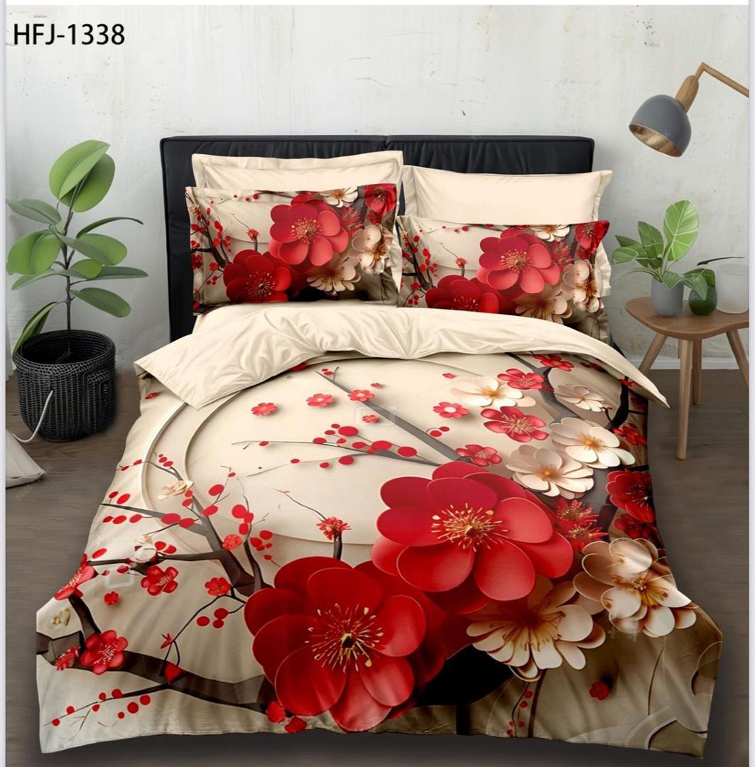 5D Digital Printed Bed Sheet Set Floral with Red Plum Blossom Design