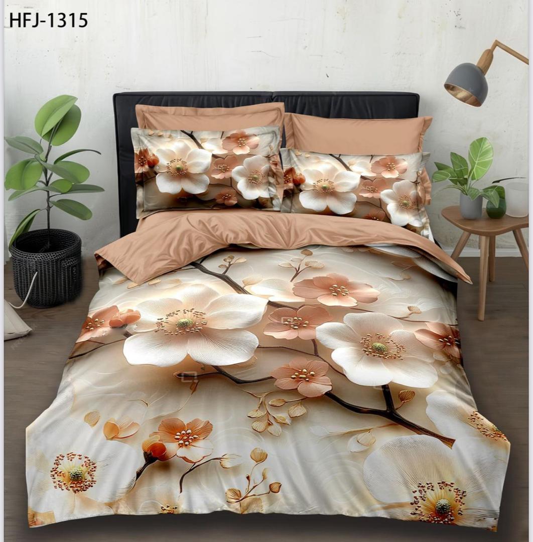 5D Digital Printed Bed Sheet Set Floral with Elegant Golden Peony Design