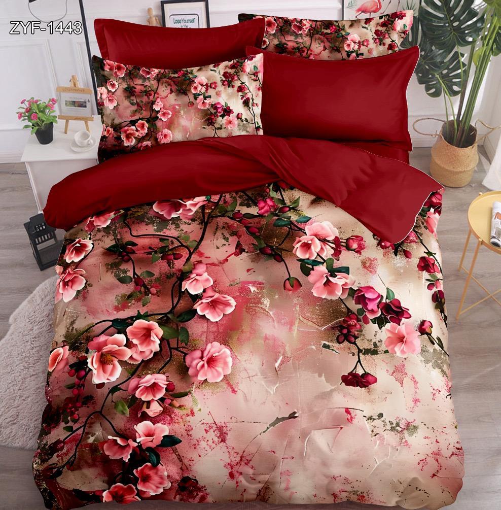 5D Digital Printed Bed Sheet Set Floral with Pink Blossom and Red Accents Design