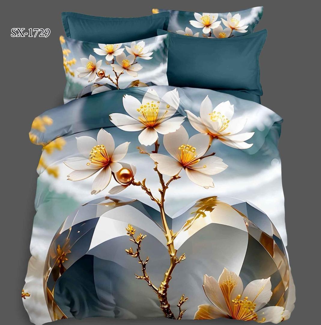 5D Digital Printed Bed Sheet Set Floral with White Blossom and Crystal Design