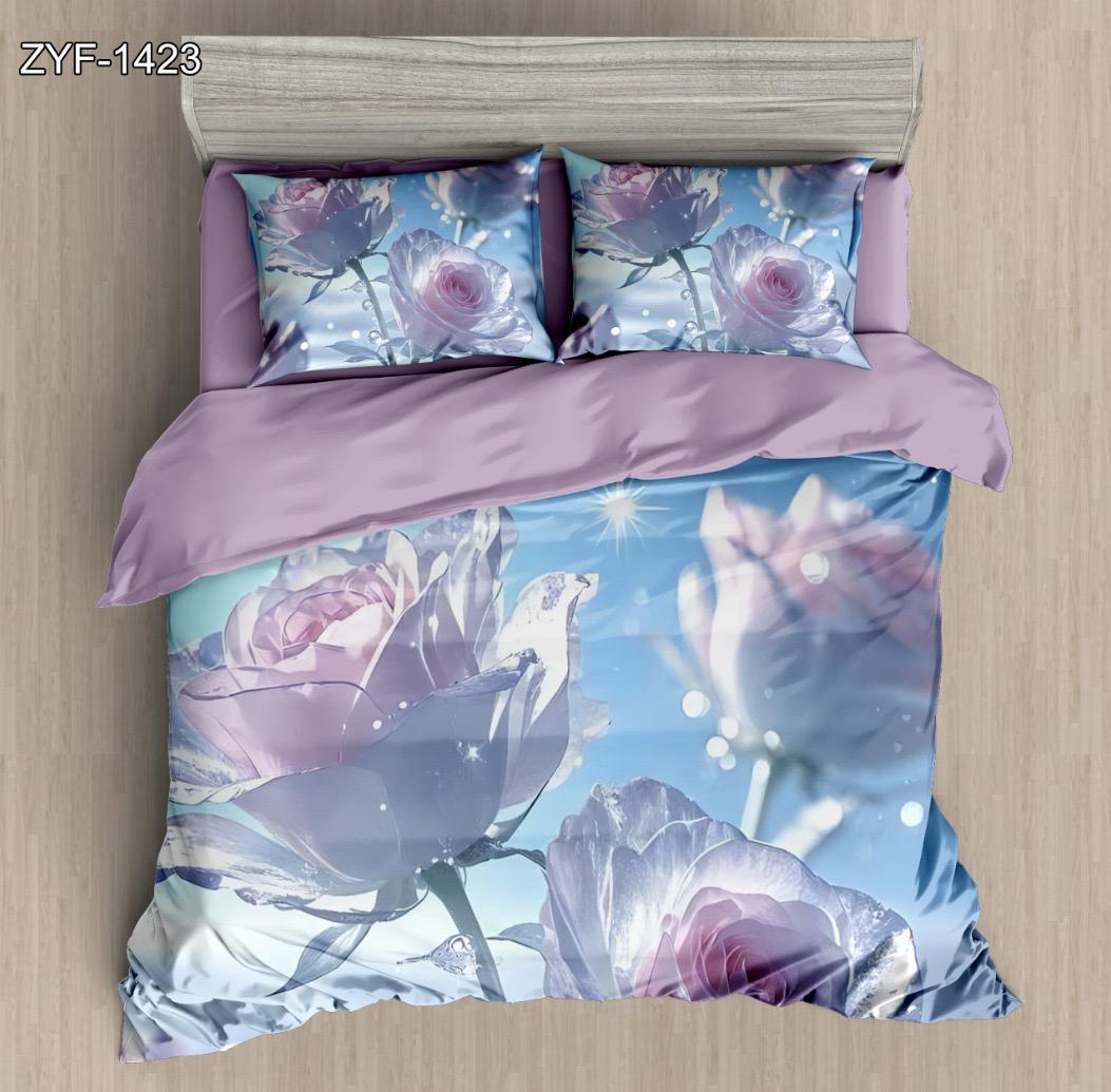 5D Digital Printed Bed Sheet Set Floral with Purple Rose and Dreamy Blue Design