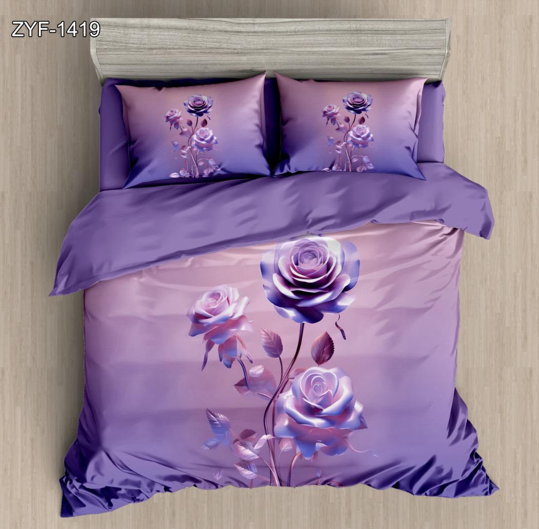 5D Digital Printed Bed Sheet Set Floral with Purple Rose Elegance Design