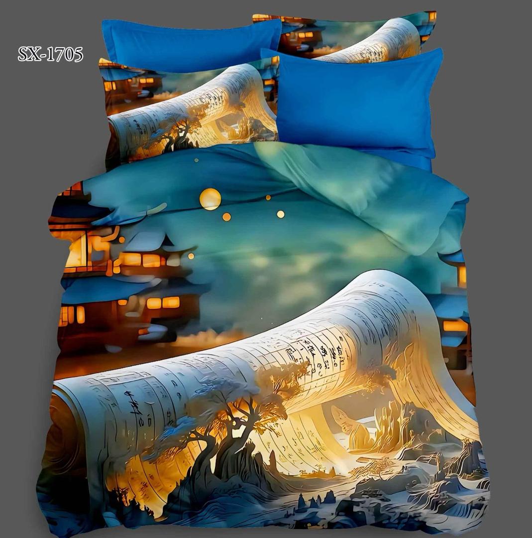 5D Digital Printed Bed Sheet Set with Oriental Scroll and Landscape Design