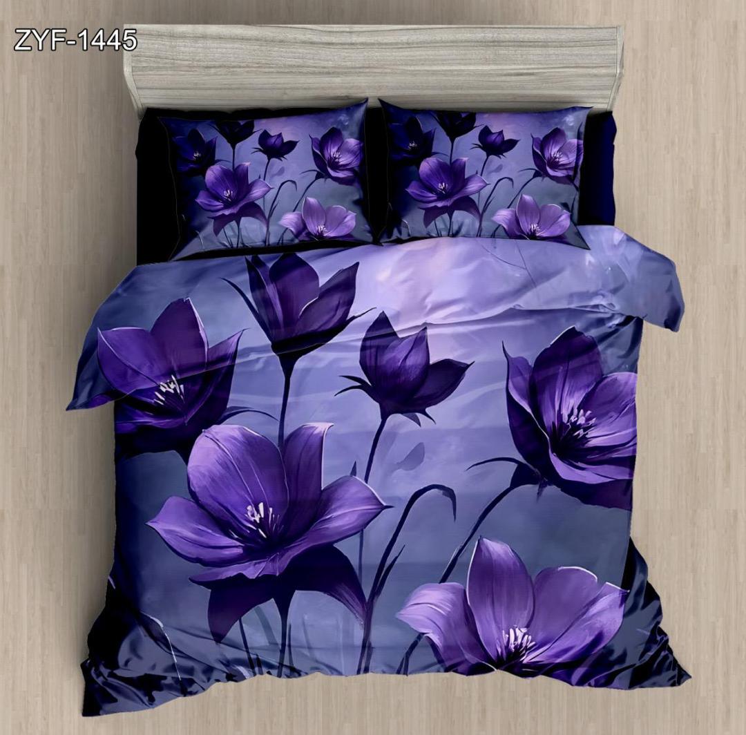 5D Digital Printed Bed Sheet Set Floral with Deep Purple Blossom Design