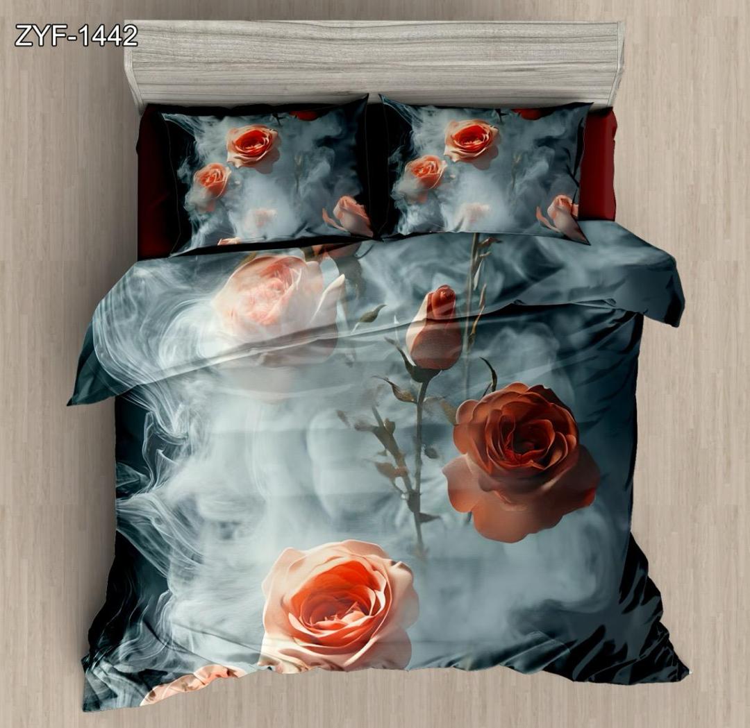 5D Digital Printed Bed Sheet Set Floral with Red Rose and Smoke Effect Design