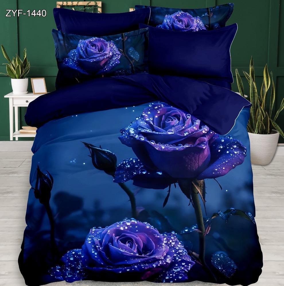 5D Digital Printed Bed Sheet Set Floral with Blue Rose and Dewdrop Design