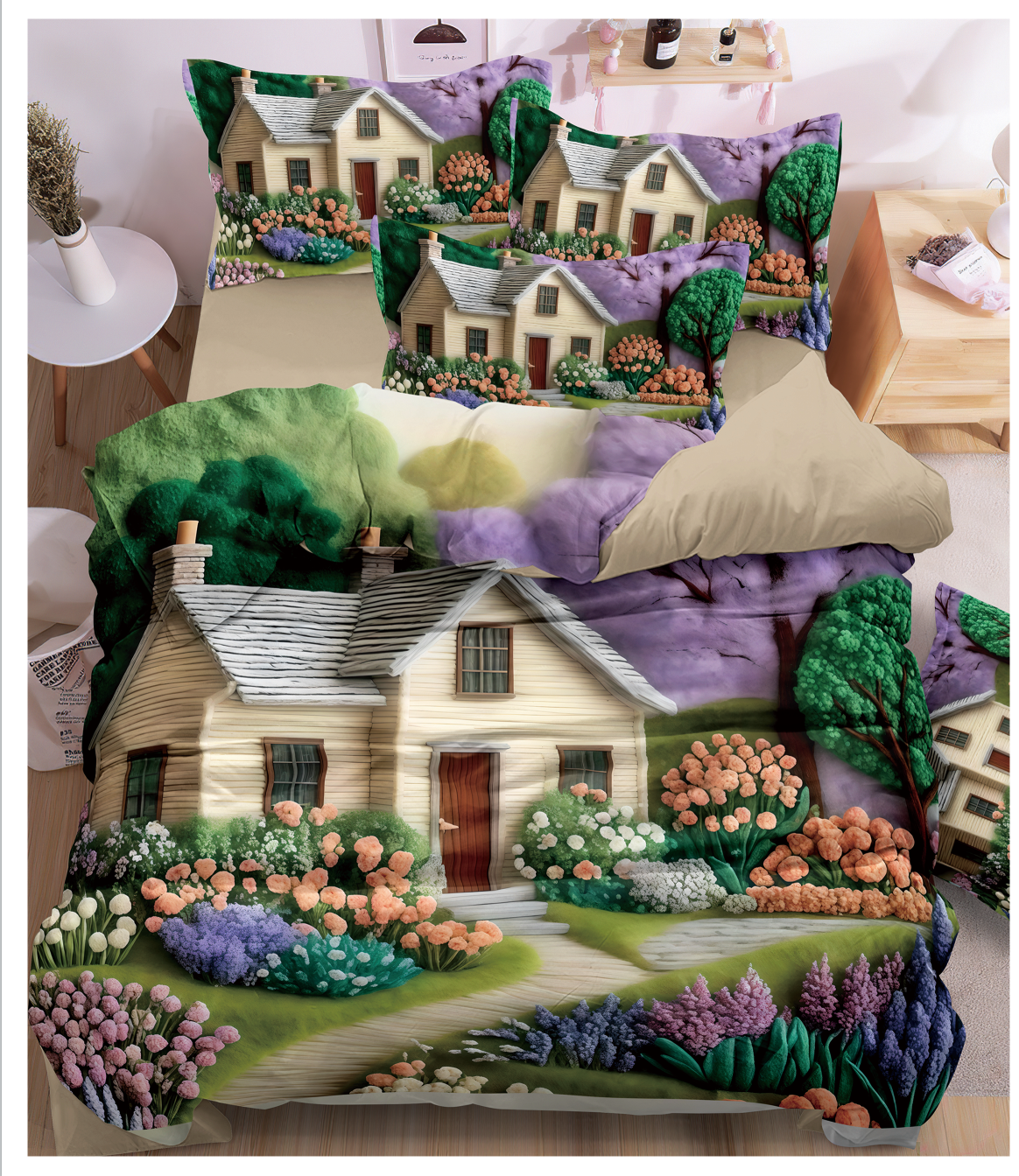 Cartoon 5D Digital Printed Bed Sheet Set with Cozy Cottage and Garden Floral Design