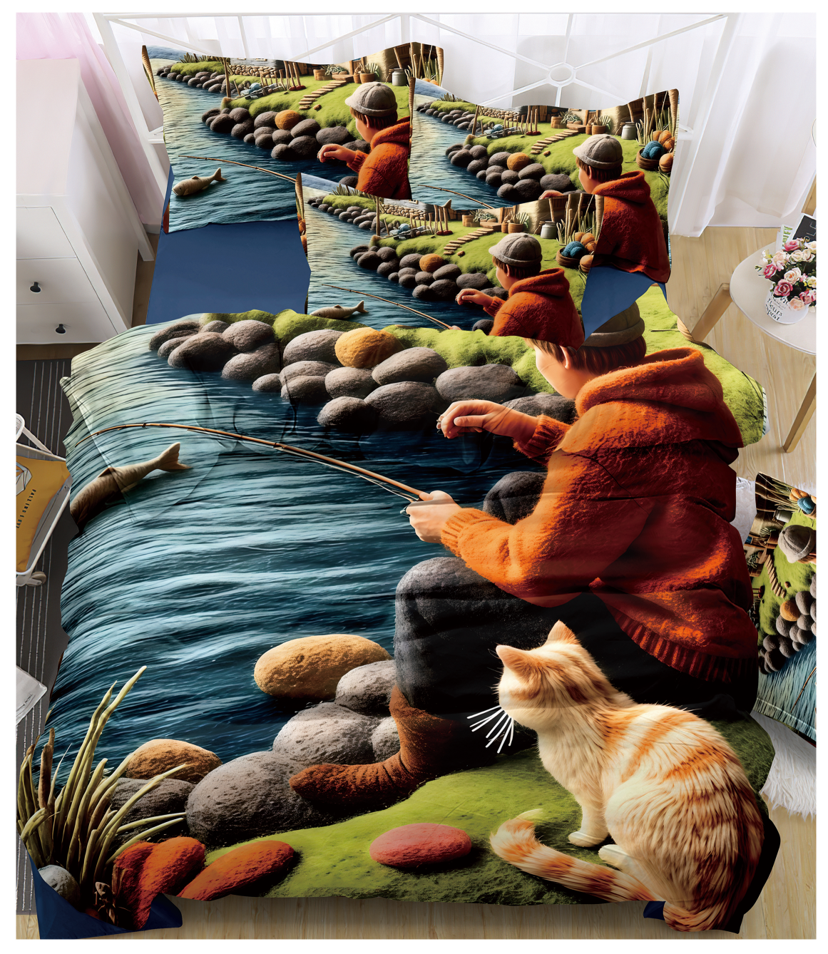 Cartoon 5D Digital Printed Bed Sheet Set with Fishing Boy and Cat by the River Design