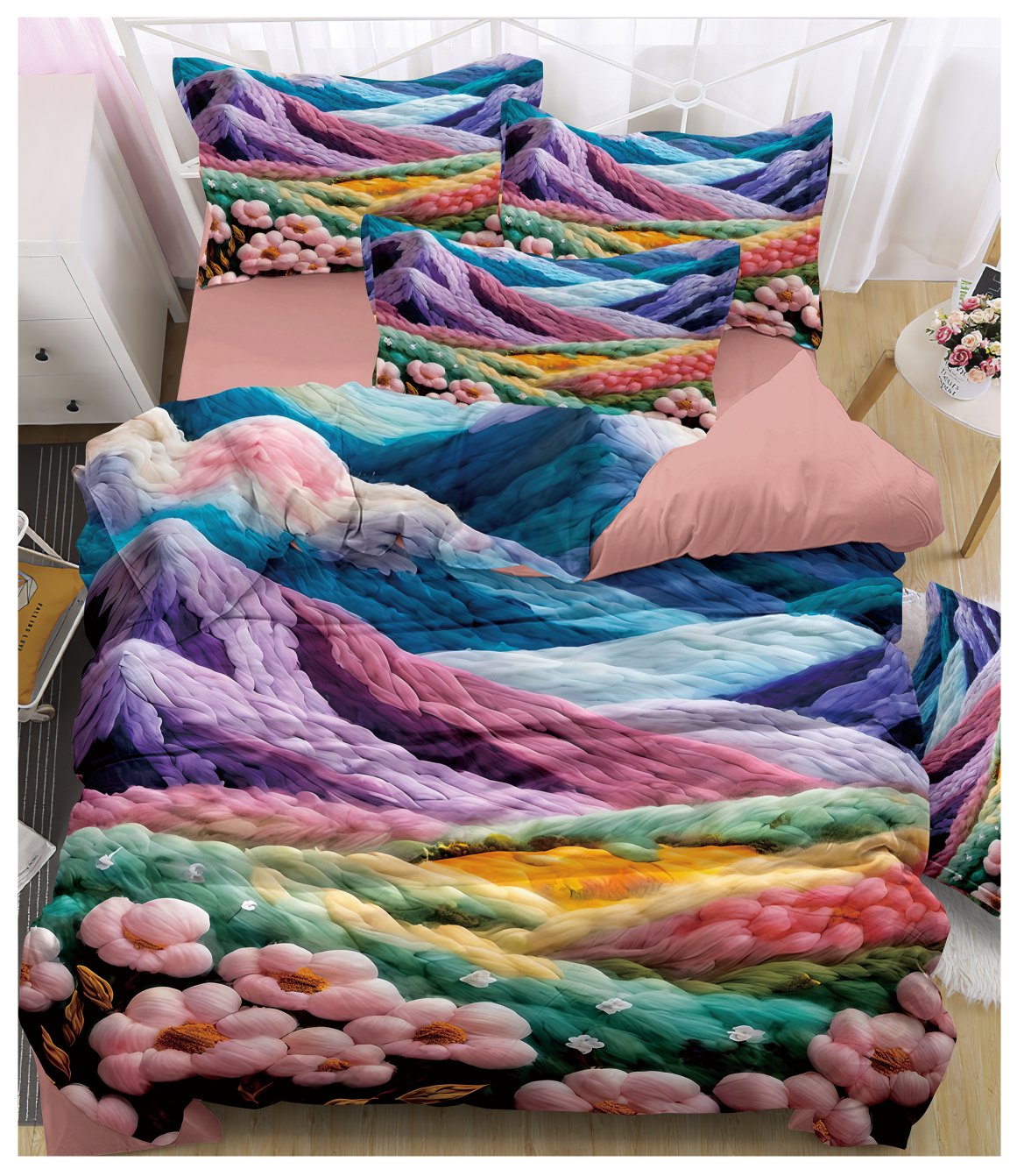 Cartoon 5D Digital Printed Bed Sheet Set with Colorful Woven Landscape and Blossom Design