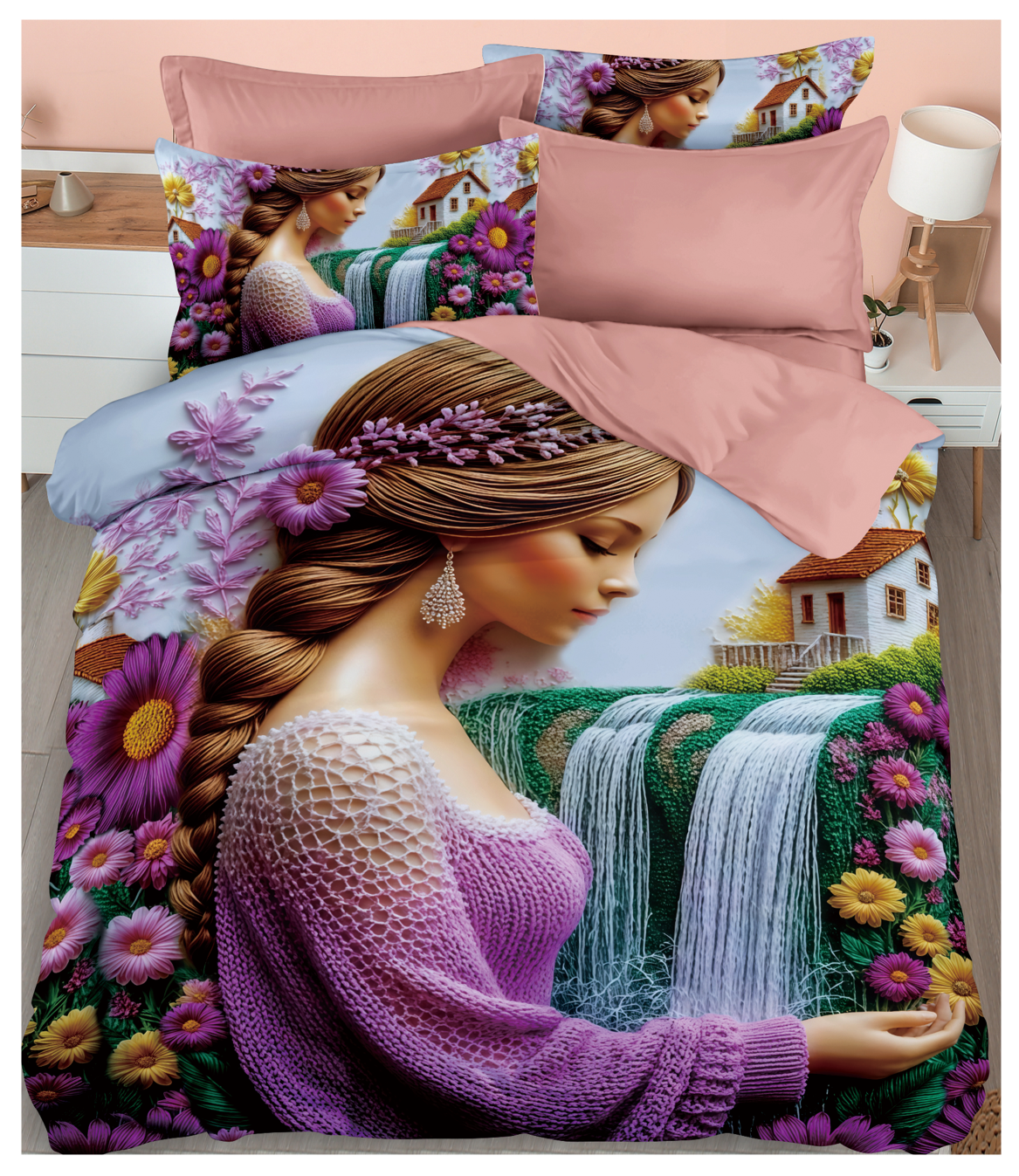 Cartoon 5D Digital Printed Bed Sheet Set with Elegant Lady and Waterfall Floral Design
