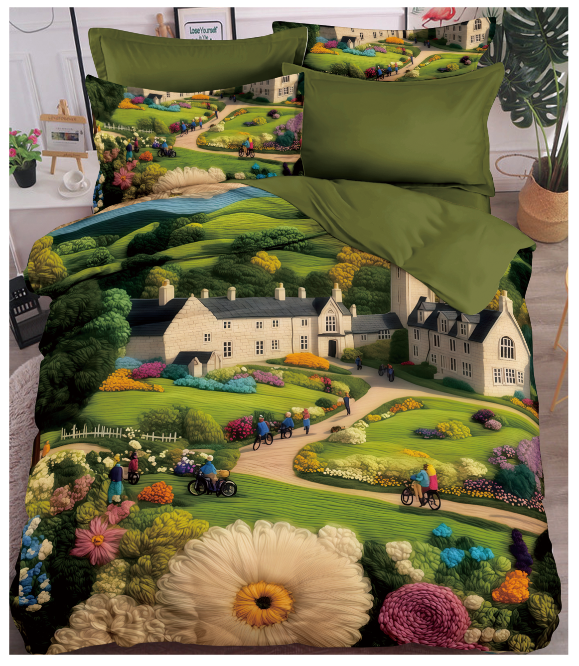 Cartoon 5D Digital Printed Bed Sheet Set with Rainbow Stream and Golden Cloud Floral Landscape Design