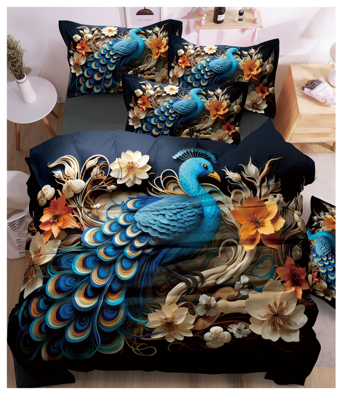 Cartoon 5D Digital Printed Bed Sheet Set with Blue Peacock and Floral Elegance Design