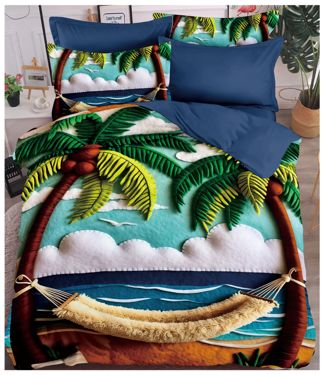 Cartoon 5D Digital Printed Bed Sheet Set with Tropical Beach and Palm Hammock Design