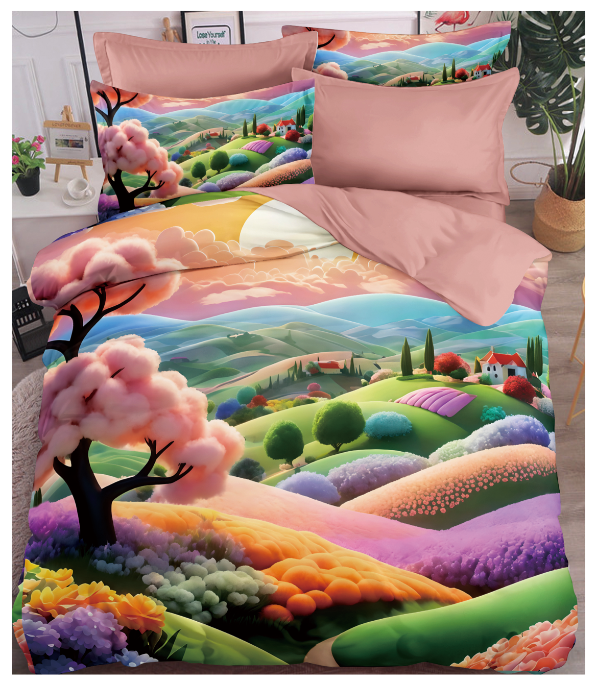 Cartoon 5D Digital Printed Bed Sheet Set with Dreamy Countryside Hills and Sunset Design