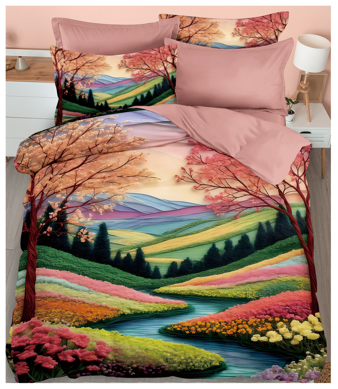 Cartoon 5D Digital Printed Bed Sheet Set with Colorful Valley and Blossom Landscape Design