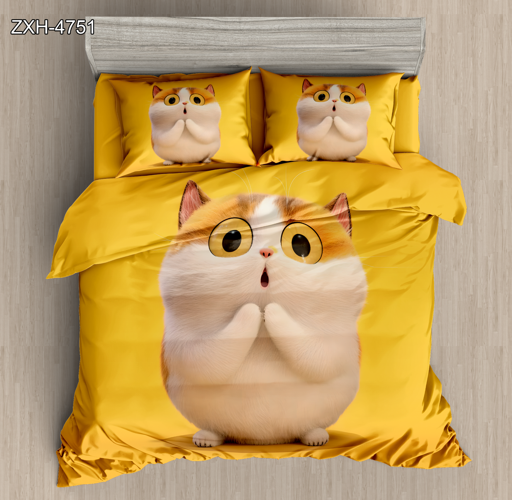 5D Cartoon Digital Printed Bed Sheet Set with Cute Cat and Yellow Color Design