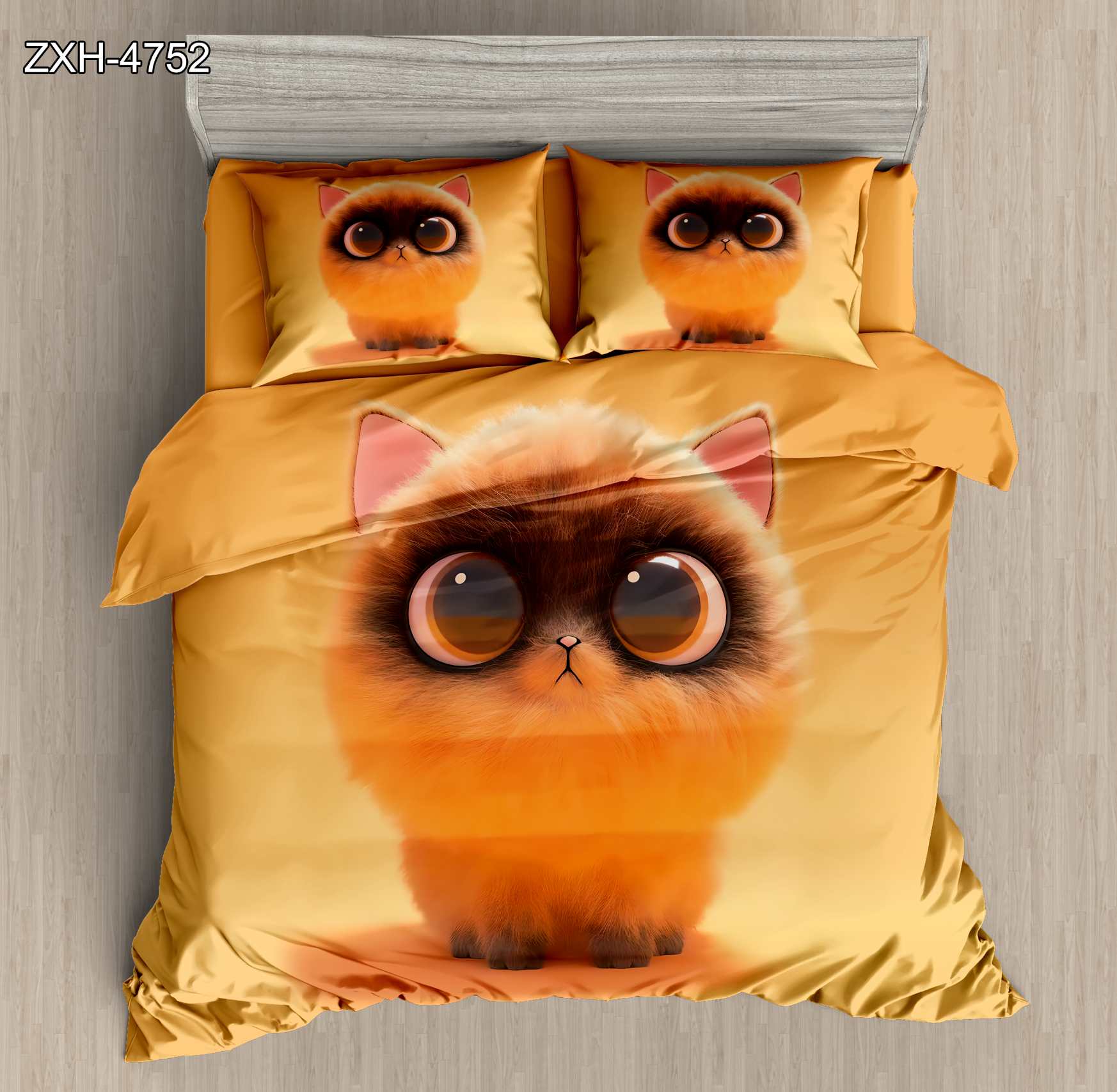 5D Digital Printed Bed Sheet Set with Fluffy Cat and Orange Color Design