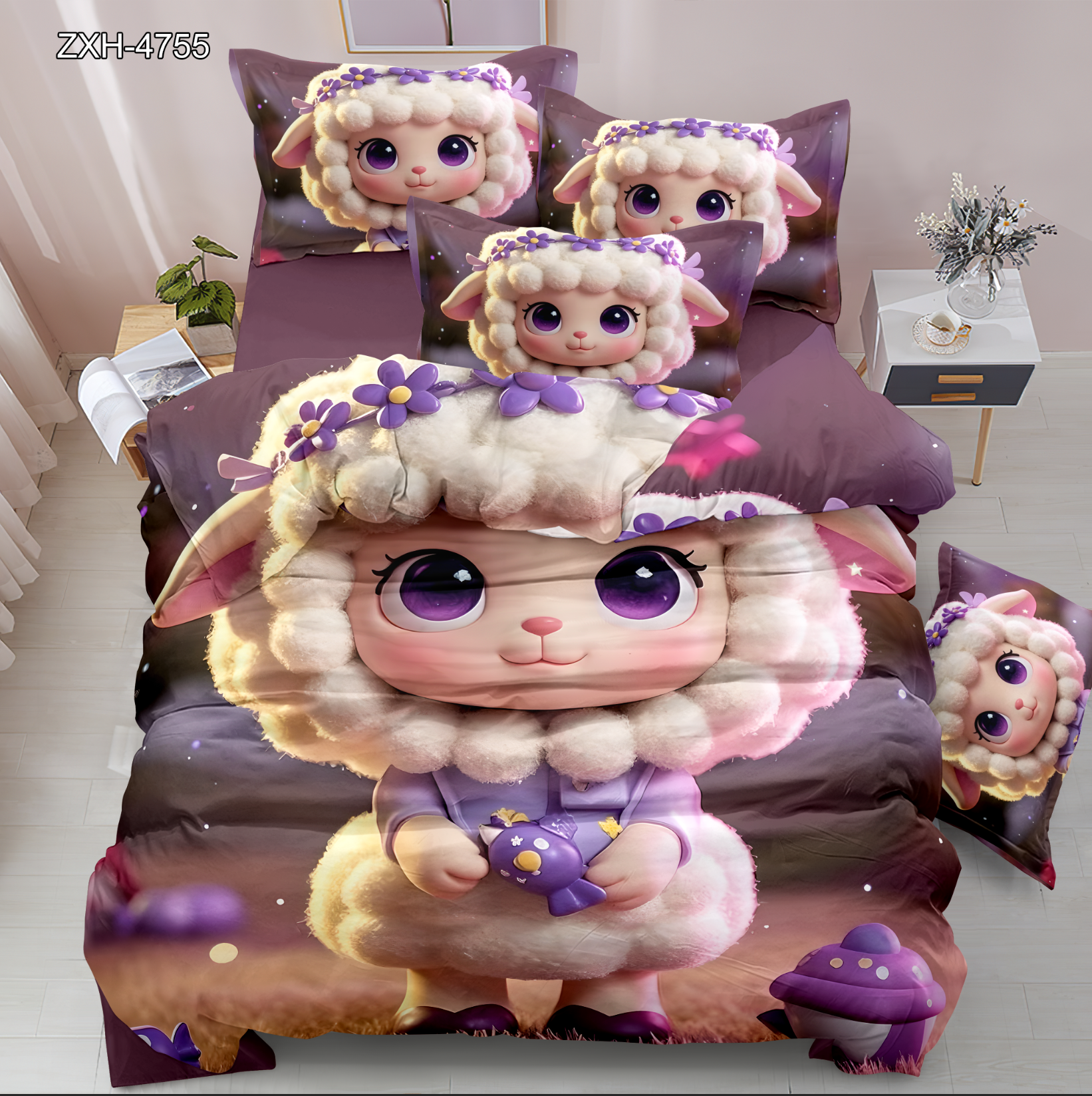 Cartoon 5D Digital Printed Bedding Set Featuring Cute Purple Lamb Girl with Flowers