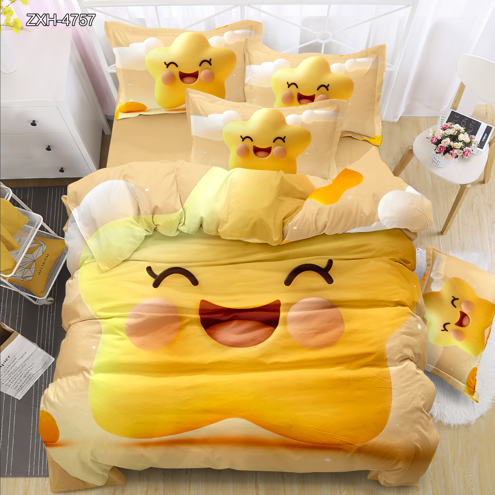 Cartoon 5D Digital Printed Bedding Set Featuring Cute Toast and Star Characters