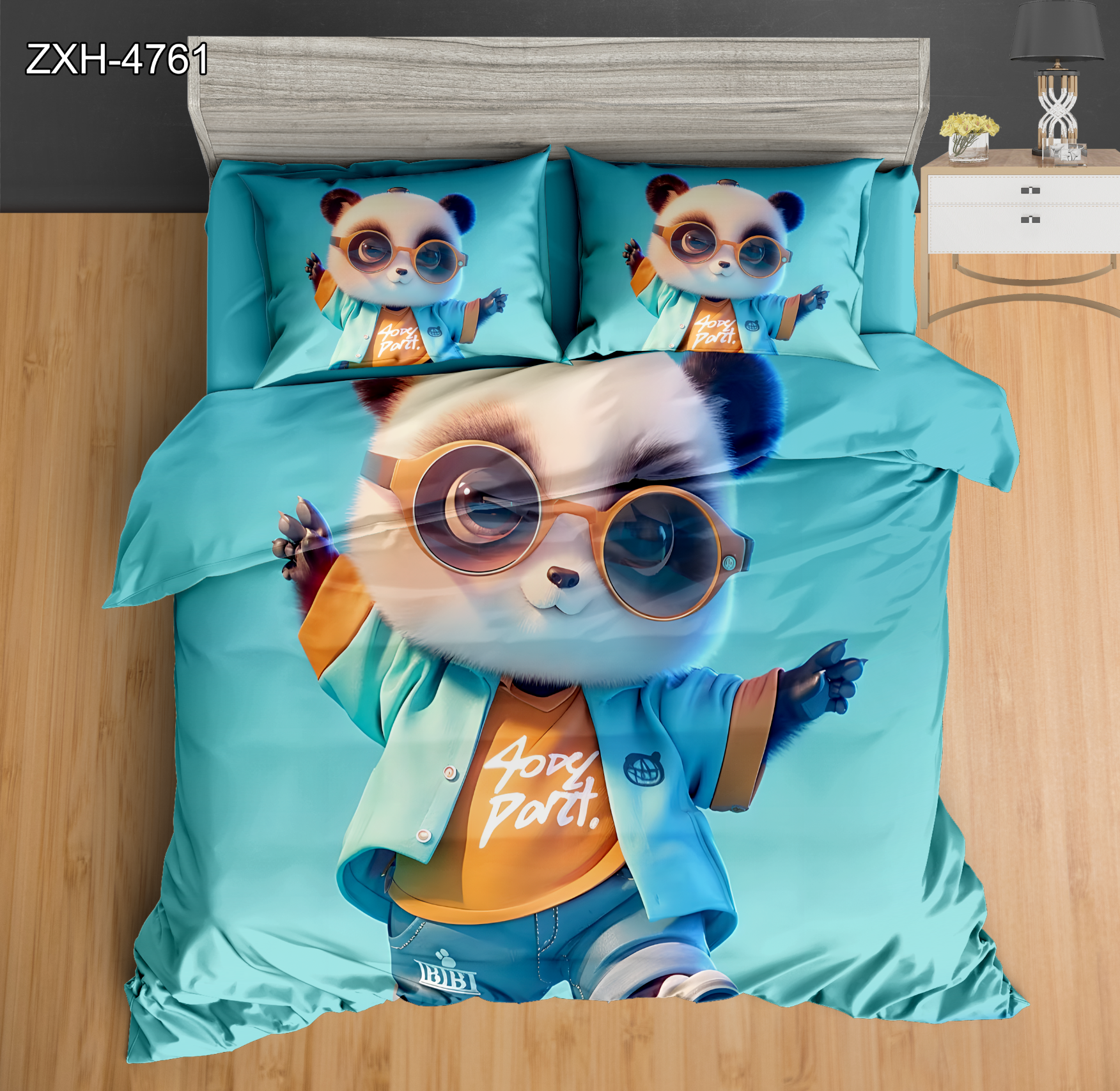 Cartoon 5D Digital Printed Bedding Set Featuring a Cool Panda with Sunglasses