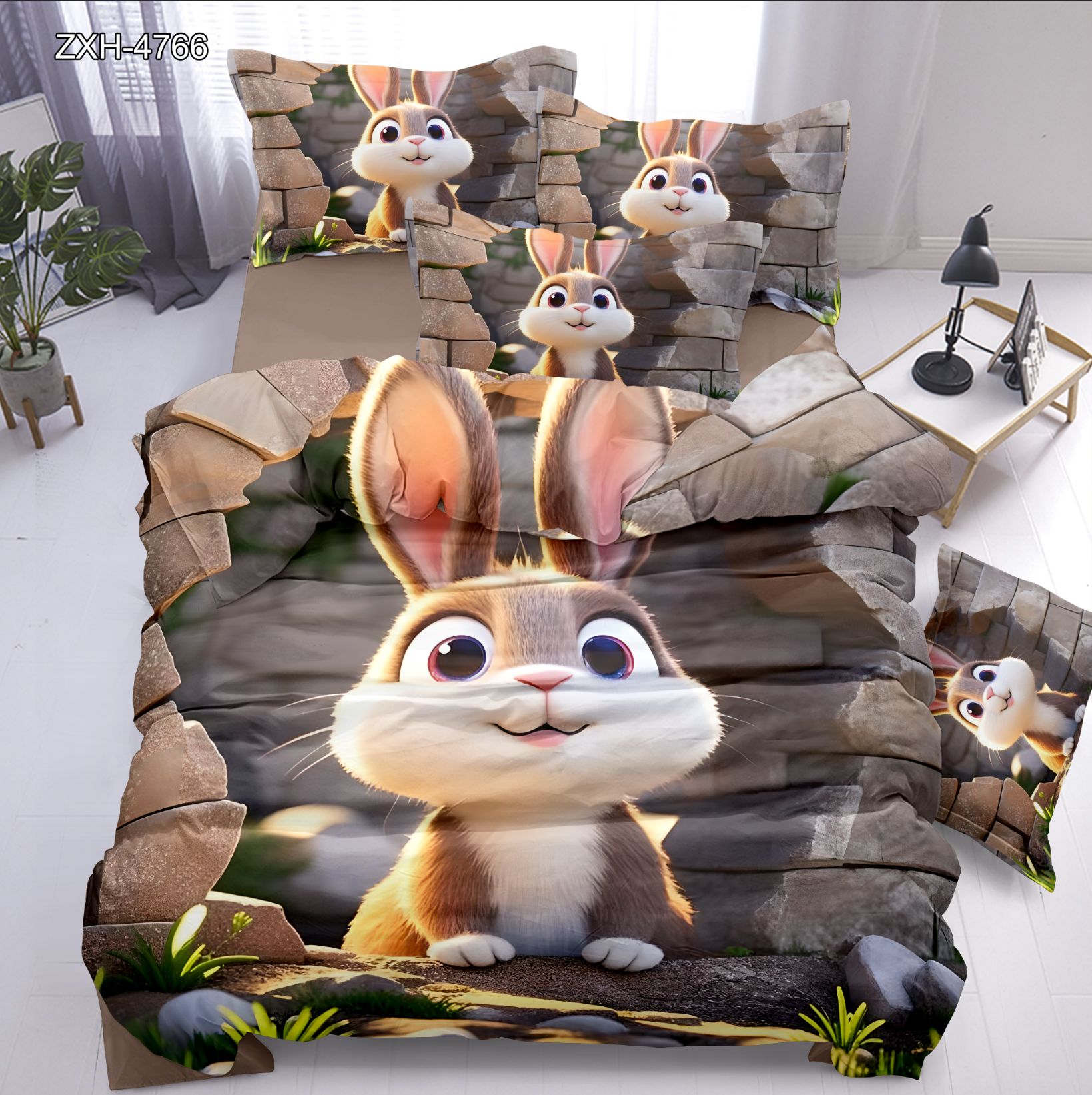 Cartoon 5D Digital Printed Bedding Set with a Playful Rabbit Peeking from a Stone Wall
