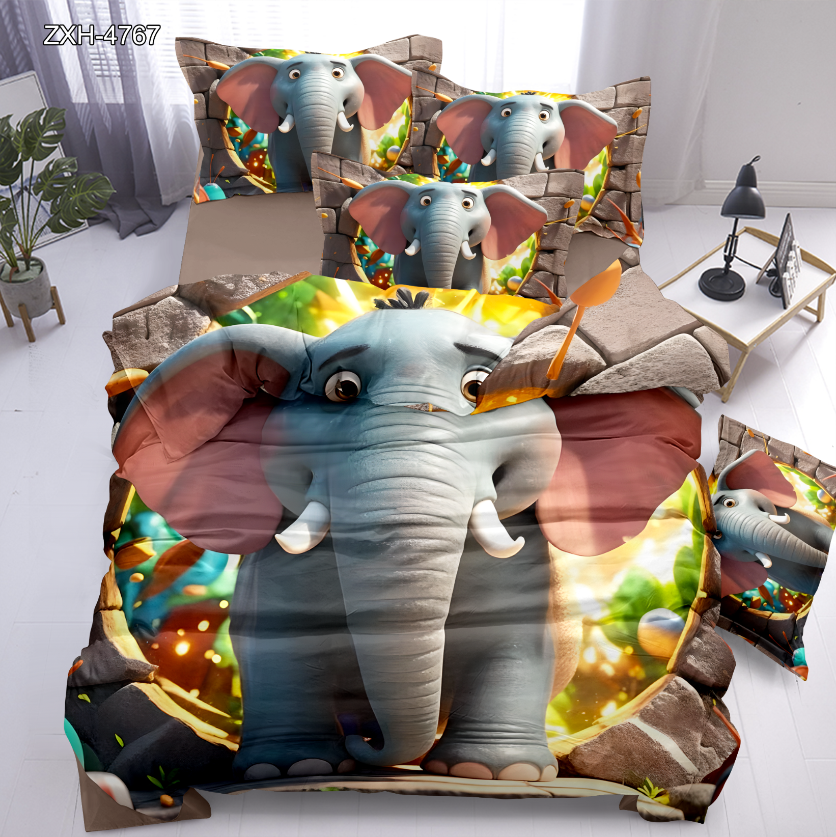 Cartoon 5D Digital Printed Bedding Set with a Playful Elephant Peeking from a Stone Wall