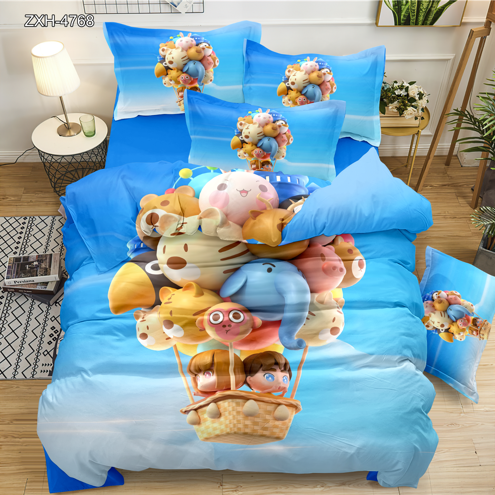 Cartoon 5D Digital Printed Bedding Set with Adorable Animal Hot Air Balloon Ride