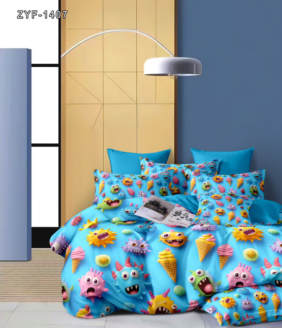 Cartoon Whimsical 5D Printed Bedding Set with Monsters and Ice Cream