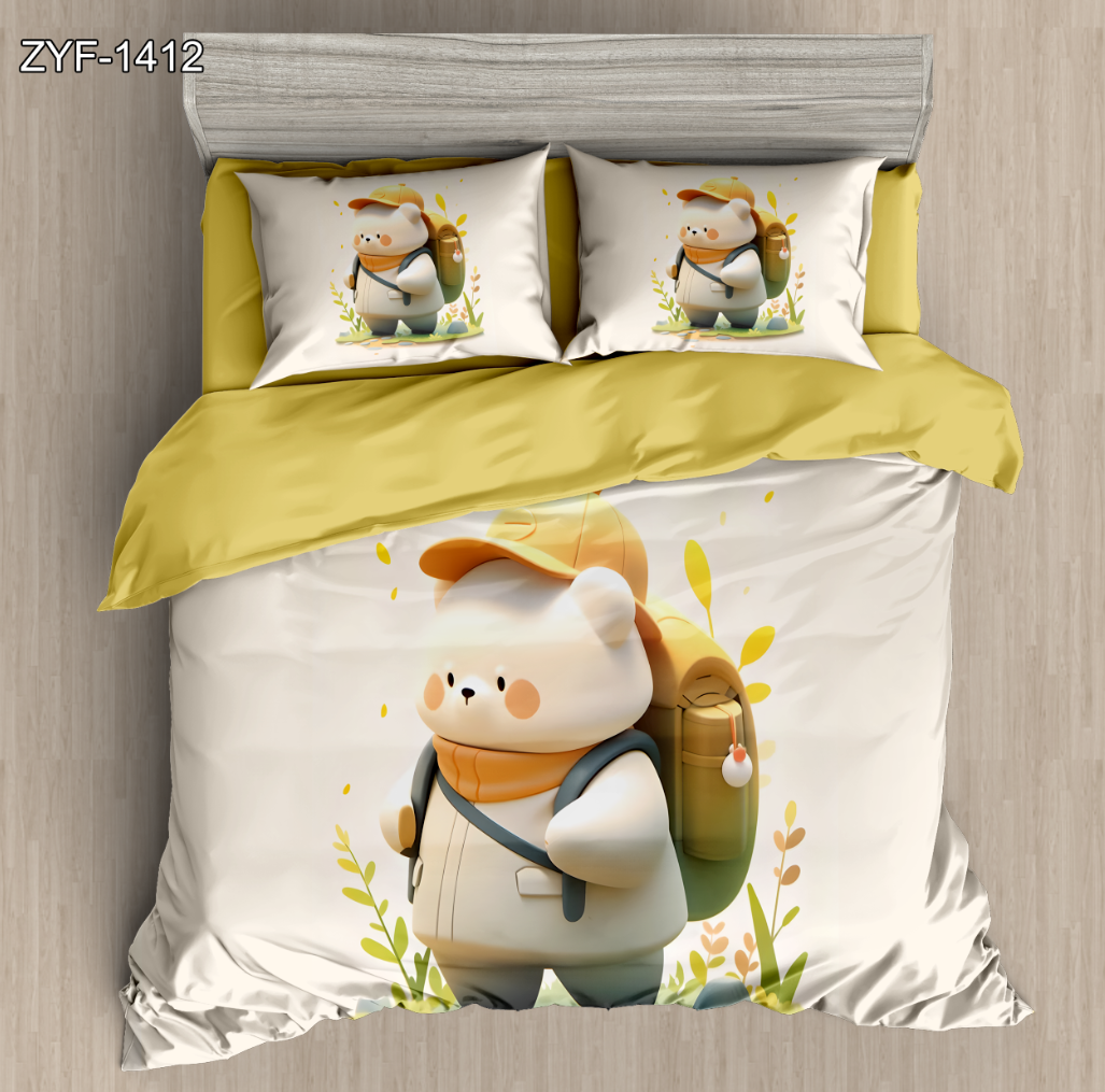 Cartoon 5D Digital Printed Bed Sheet Set with Adventurous Bear and Backpack Design