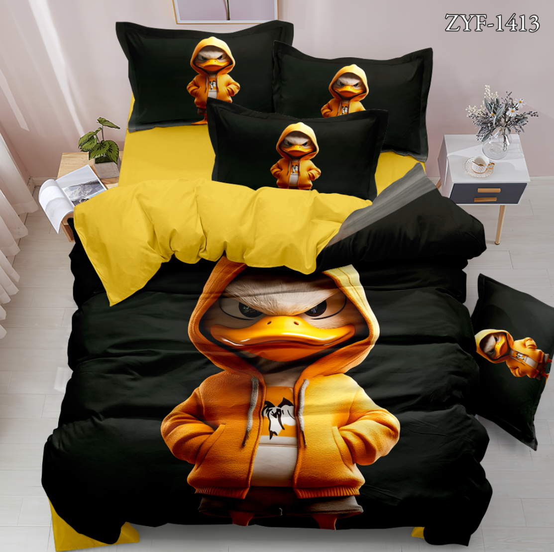Cartoon 5D Digital Printed Bed Sheet Set with Cool Hooded Duck Design