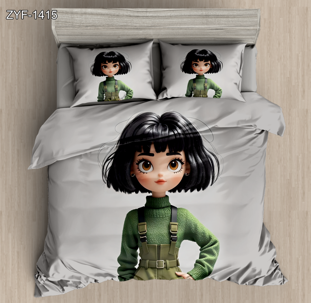 5D Digital Printed Bed Sheet Set with Cute Cartoon Girl Design