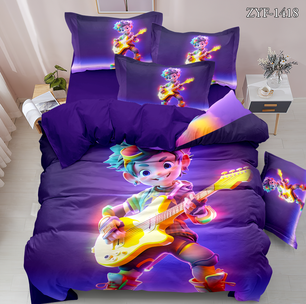Cartoon 5D Digital Printed Bed Sheet Set with Rock Kid Character Design