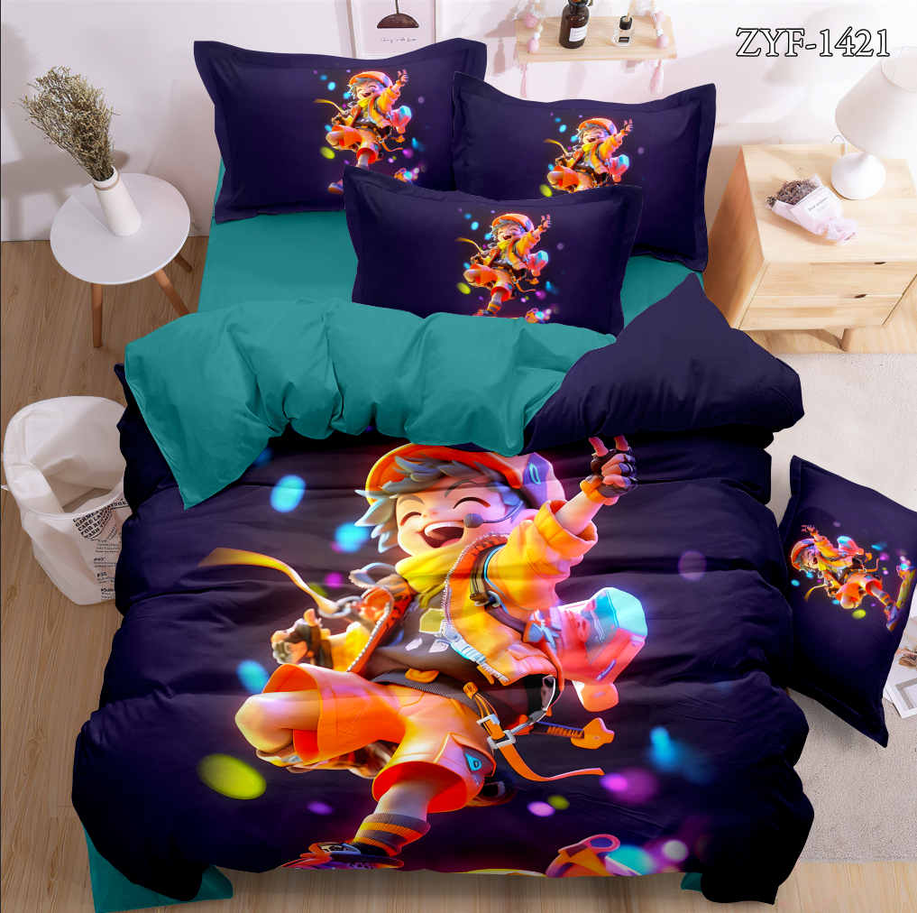 Cartoon 5D Digital Printed Bed Sheet Set with Vibrant Cartoon Boy Design