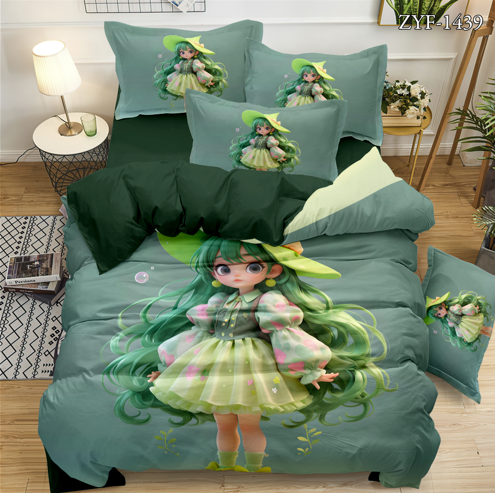 Cartoon 5D Printed Bed Set with Whimsical Green Girl Design