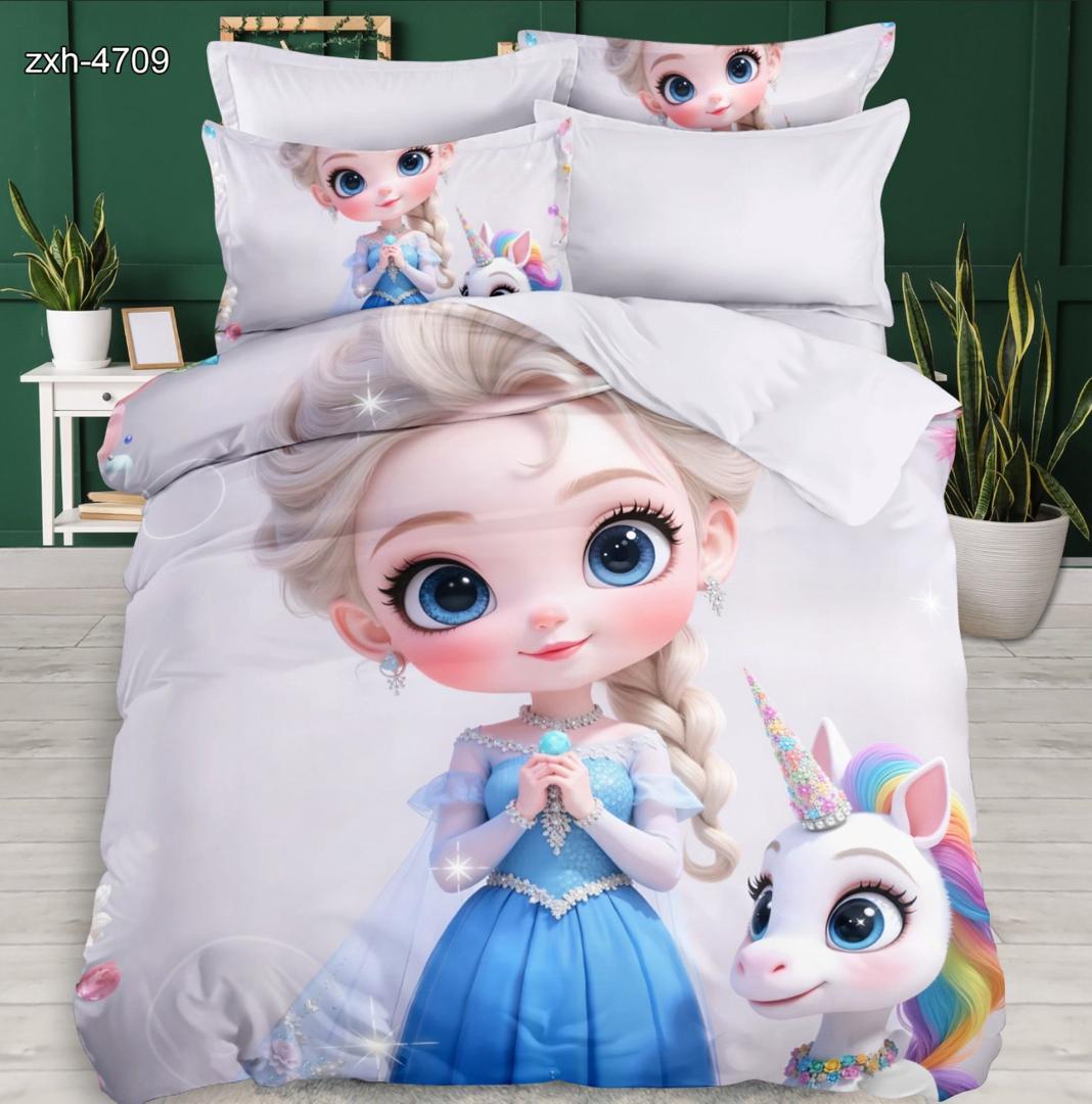 Cartoon 5D Digital Printed Bed Sheet Set featuring Princess and Unicorn Design in Sparkling Blue for Kids