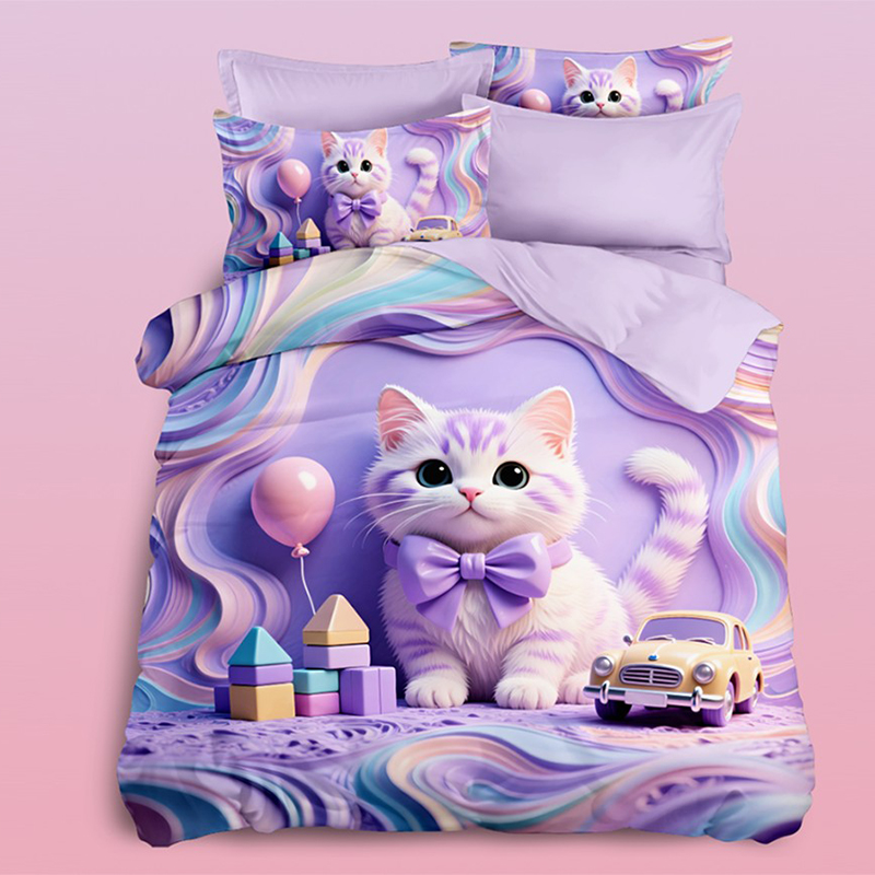 Cartoon 5D Digital Printed Bed Set Featuring Playful Kitten with Pastel Colors for a Cheerful Bedroom Atmosphere
