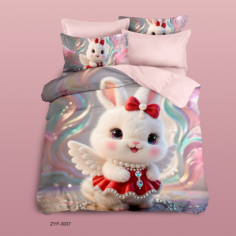 Cartoon 5D Digital Printed Bed Sheet Set with an Angel Cat in a Dreamy Rainbow Sky