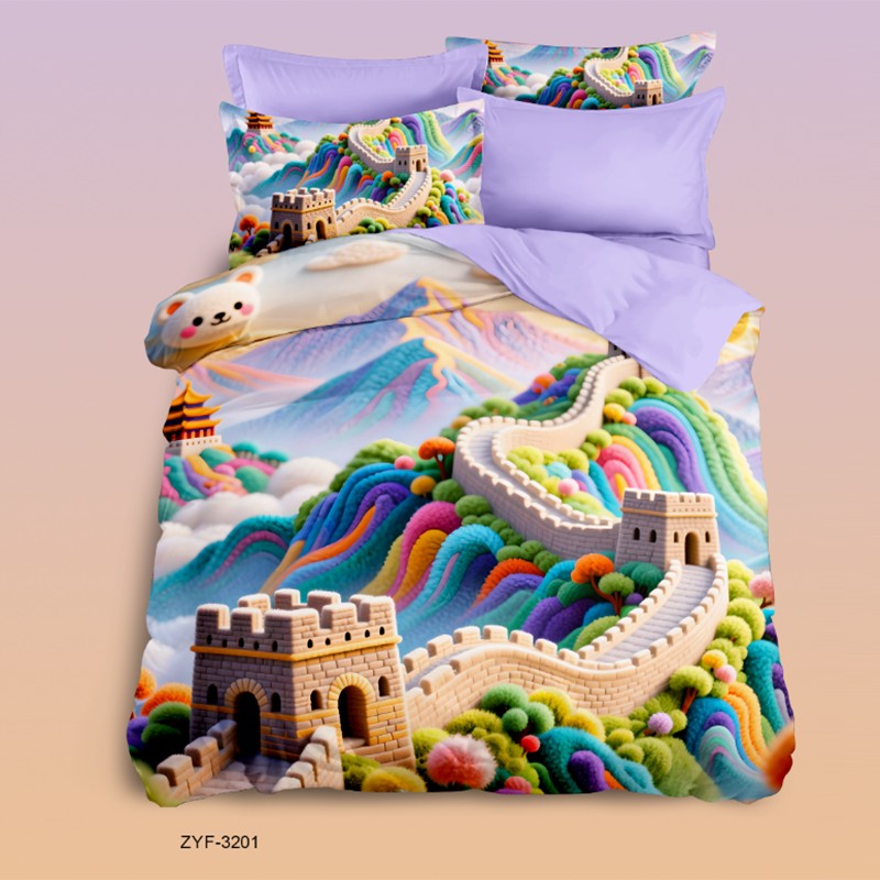 Cartoon 5D Digital Printed Bed Sheet Set with the Great Wall of China in a Colorful Landscape