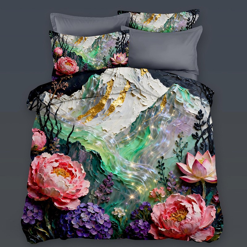 ‌5D Oil-Painting Effect Digital Print Bedding Set - Mountain Peony & Hydrangea‌