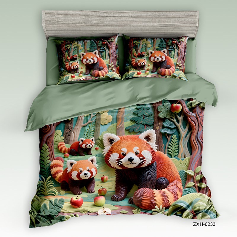 Cartoon 5D Digital Printed Bed Sheet Set with Adorable Red Panda Family in a Forest