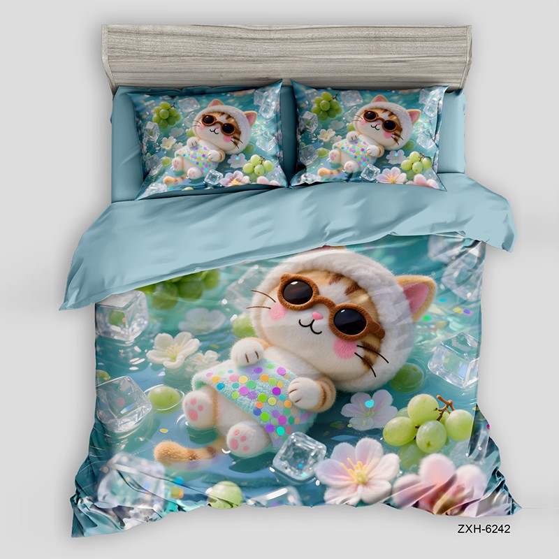 Cartoon 5D Digital Printed Bed Sheet Set with a Cute Cat in Sunglasses Floating in Water
