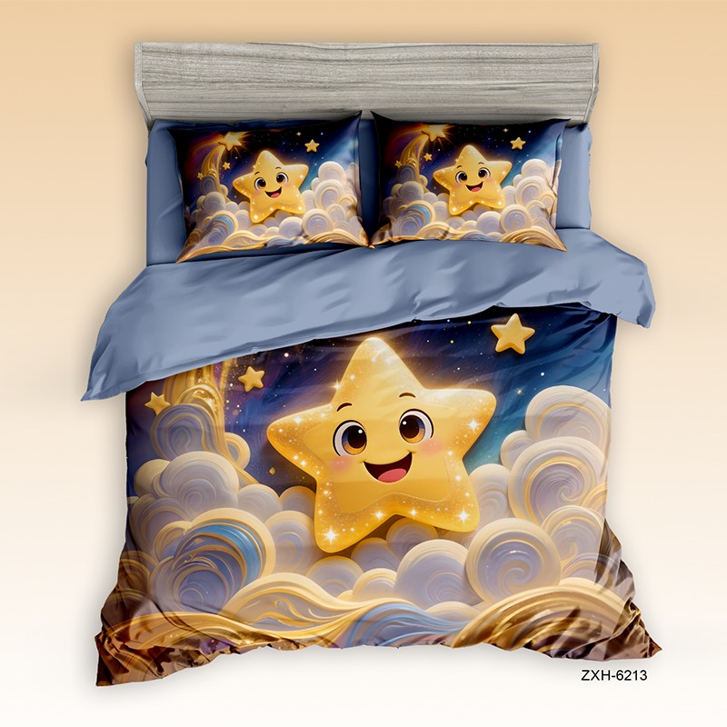 Cartoon 5D Digital Printed Bed Sheet Set with a Cheerful Star in the Clouds