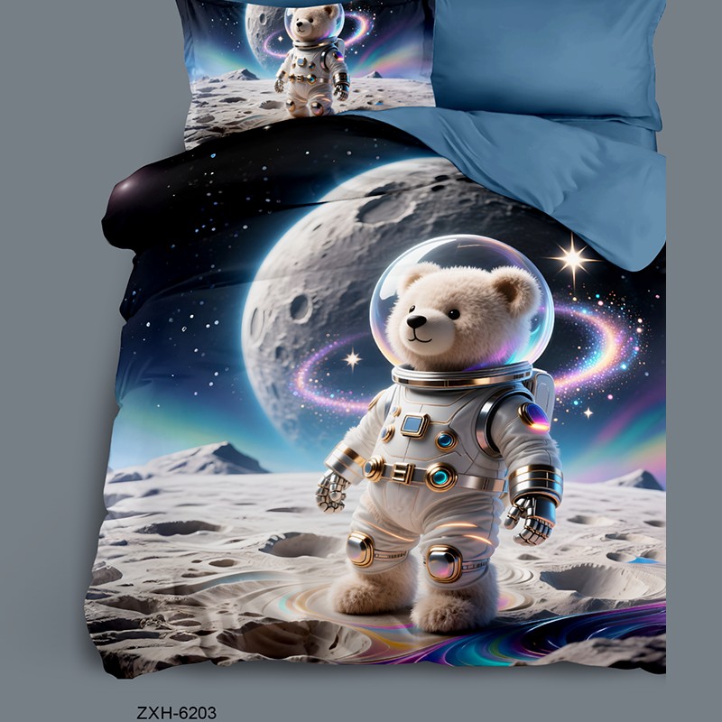 Cartoon 5D Digital Printed Bed Sheet Set with a Space Teddy Bear Astronaut