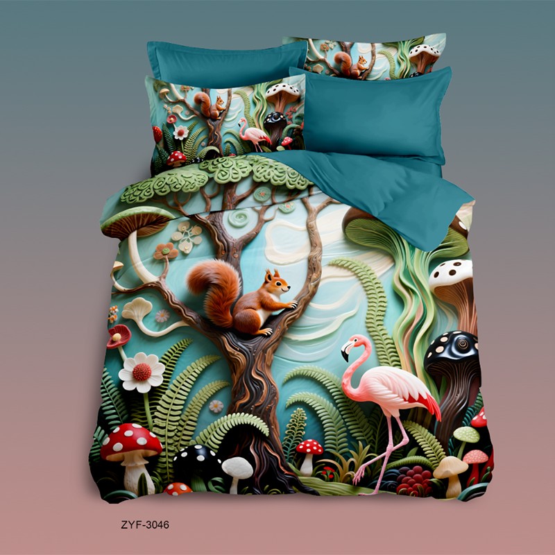 Cartoon 5D Digital Printed Bed Sheet Set with Forest Animals in an Enchanted Woodland