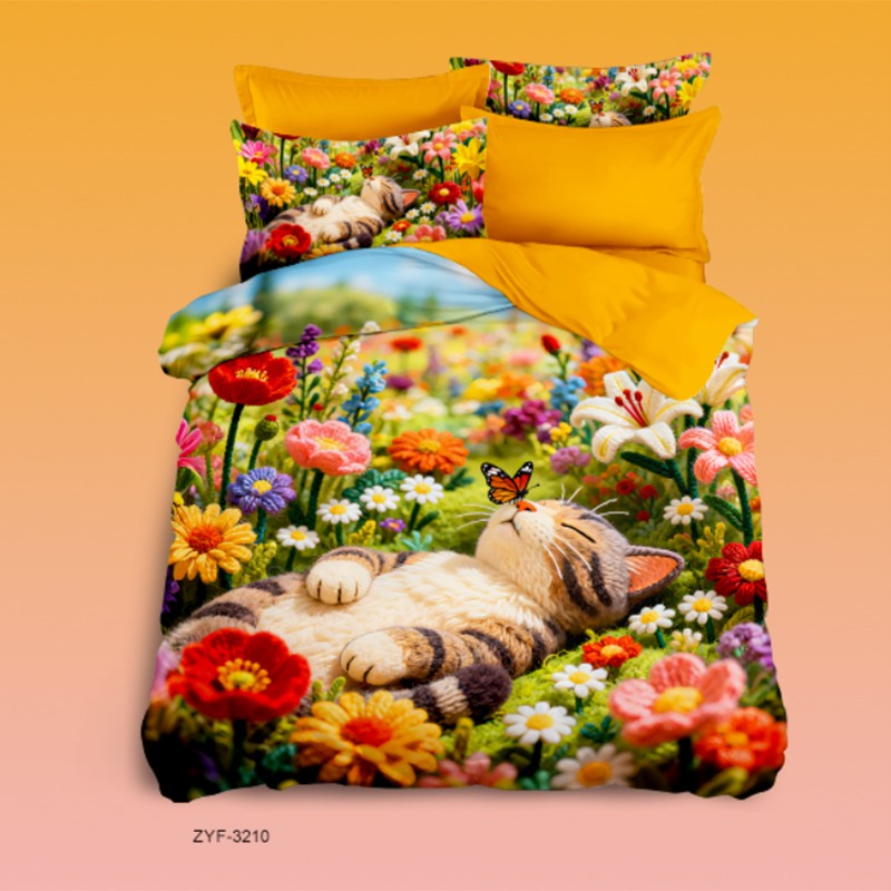 Cartoon 5D Digital Printed Bed Sheet Set with a Cat Sleeping in a Flower Meadow