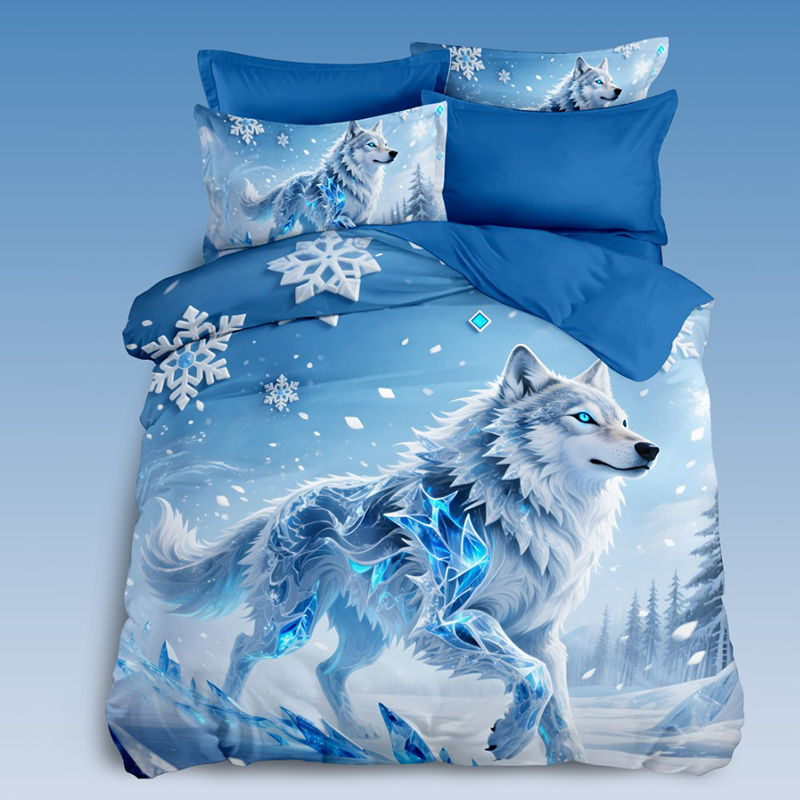 Cartoon 5D Digital Printed Bed Set Featuring Ice Wolf Design with Glowing Crystals for a Mystical Winter Bedroom Theme