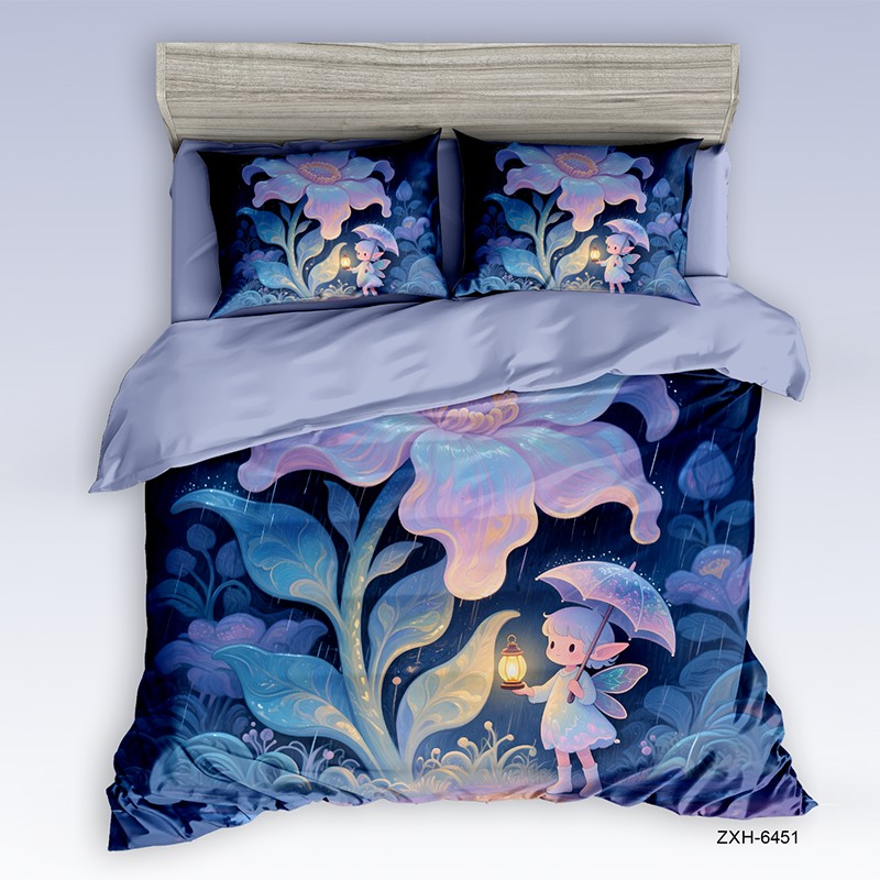 Cartoon 5D Digital Printed Bed Sheet Set with a Magical Fairy in a Glowing Night Garden